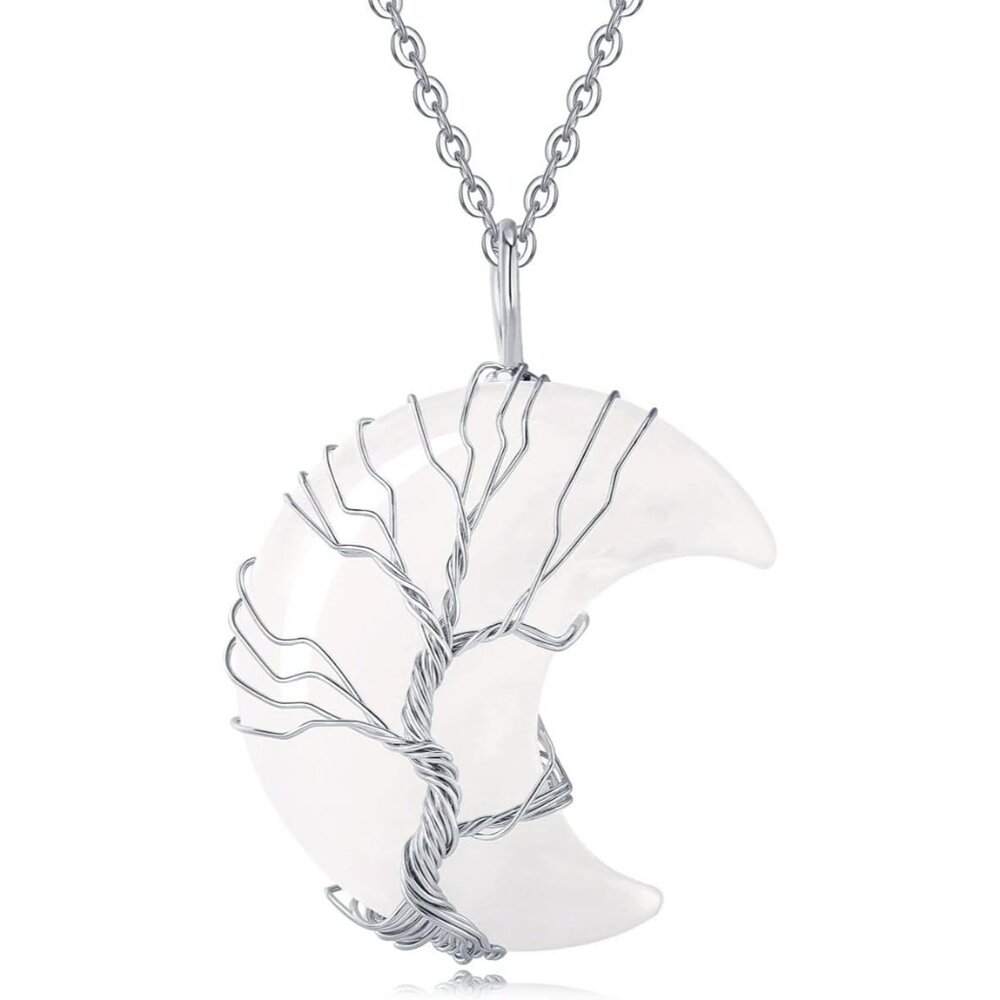 Women's Natural Crystal  Moon Crescent Tree Wire Wrapped Gemstone White Necklace